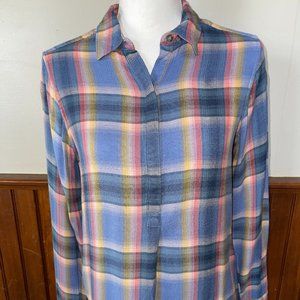 Women's Eddie Bauer‎ Button Up Pink Blue Plaid Super Soft Rayon XS